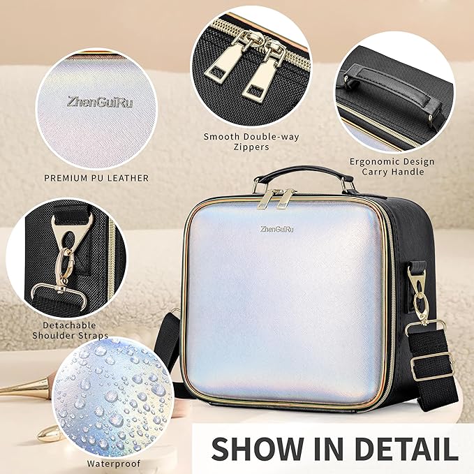 ZhenGuiRu Travel Makeup Bag with Light Up Mirror, Cosmetic Artist Organizer Case with LED Mirror, Travel Makeup Case for Cosmetic Brush Holder Storage, Toiletry Case for Women Gift