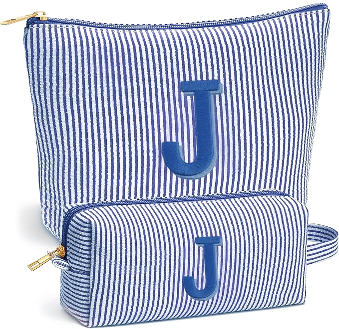 Fohufo Travel Essentials - Portable Travel Toiletry Bag for Women, Initial Makeup Kit Organizer Make up Cosmetic Bag Set Blue Stuff Birthday Gifts for Women Daughter Mom, Blue Letter J