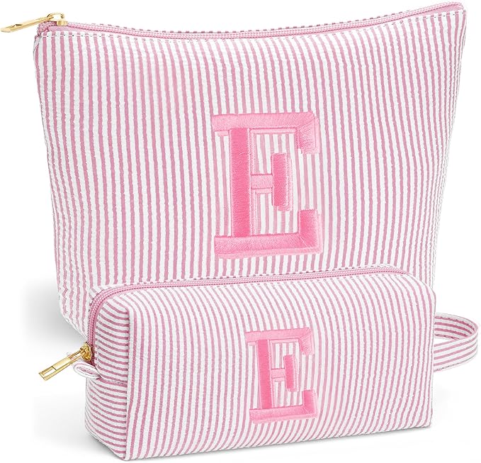Fohufo Initial Makeup Bag Set - Cute Light Pink Stuff for Women, Personalized Makeup Pouch Cosmetic Travel Essentials Toiletry Bag, Birthday Christmas Gifts for Women Stocking Stuffers, Light Pink E