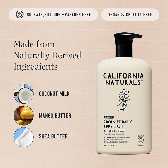 California Naturals Body Wash for Women and Men, Vitamin E Shower Gel Cleanser, Natural, Vegan & Cruelty Free, Paraben & Sulfate Free, Moisturizing Skin, Coconut, All Skin Types, 16.5 fl oz