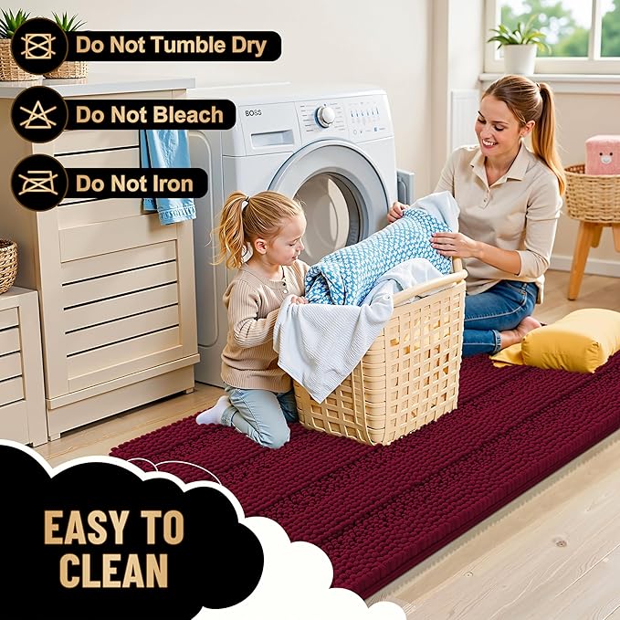 OLANLY Thick Bathroom Rugs 24x16, Extra Soft Absorbent Chenille Striped Bath Rugs, Rubber Backing, Machine Wash Dry, Bath Mats for Bathroom Floor, Tub and Shower, Home Decor Accessories, Burgundy