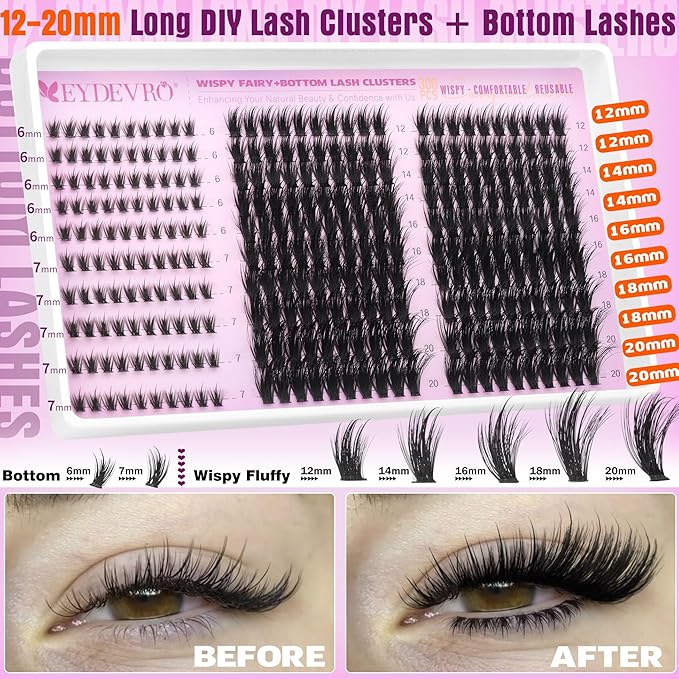 EYDEVRO Wispy Fairy Lash Clusters Kit with Bottom Lashes 12-20mm Long Cluster Eyelash Extensions with Bottom Lash Clusters 300 Pcs Eyelash Clusters Kit DIY Lash Extension Kit Lash Bond and Seal Brush