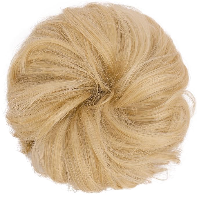 FESHFEN Messy Bun Hair Piece - Wavy Synthetic Chignon Scrunchies for Instant Volume, Elastic Bun Ponytail Hair Extensions Thick Hairpieces for Women, Champagne Blonde 1.50 oz