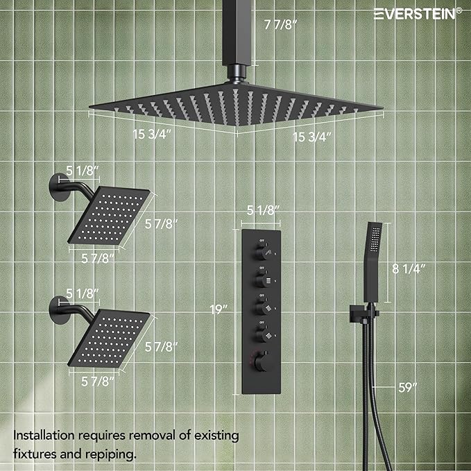 EVERSTEIN Thermostatic Shower system, 16, 6 in. Bathroom Shower Set Wall Mount Dual Shower Head Faucet in Matte Black