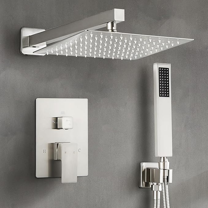 Fransiton Shower Faucet set with Shower head 12 Inches Rainfall Shower Head and Handle Set Single Handle Wall Mounted Shower System Set with Female Threads Valve Body(Brushed Nickel)