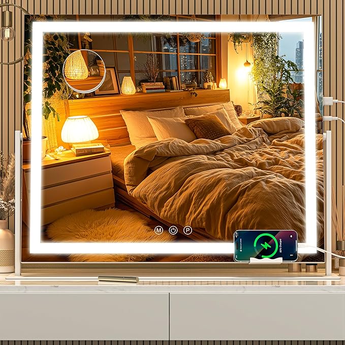 Vanity Mirror with Lights, 26'' x 22'' Lighted Makeup Mirror, Touch Screen with 3-Color Lighting, Dimmable for Vanity Desk Tabletop Square White