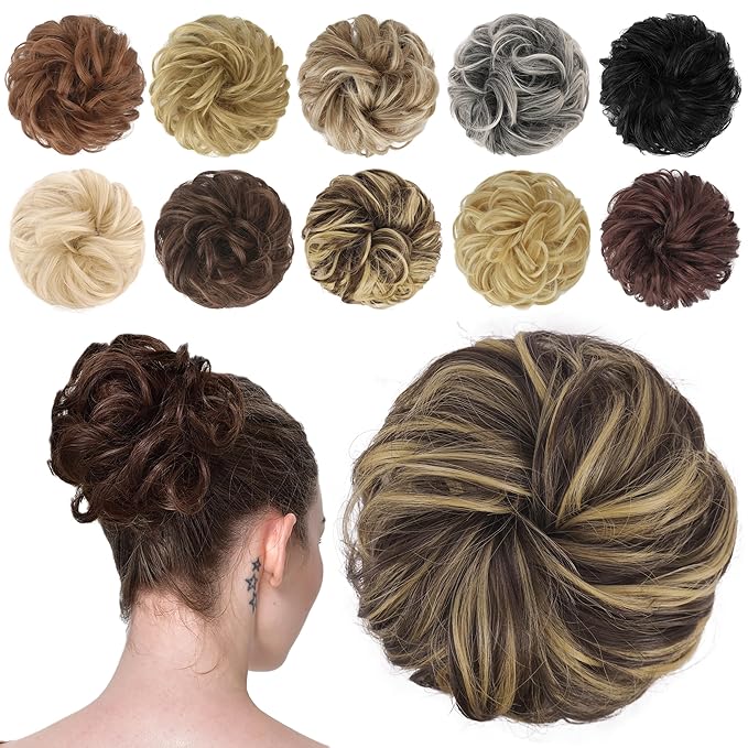 FESHFEN Messy Bun Hair Piece - Wavy Synthetic Chignon Scrunchies for Instant Volume, Elastic Bun Ponytail Hair Extensions Thick Hairpieces for Women, Dark Brown & Champagne Blone 1.50 oz