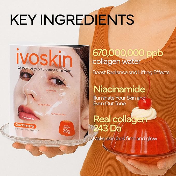 IVOSKIN Collagen Jelly Hydro-bomb Plump Mask, Hydrating 39g x 4ea Real Collagen Mask, Firming and Moisturizing for Glow Skin, Collagen Water over 670,000 ppm