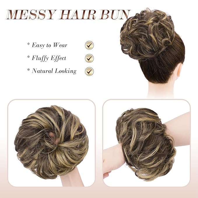 FESHFEN Messy Bun Hair Piece - Wavy Synthetic Chignon Scrunchies for Instant Volume, Elastic Bun Ponytail Hair Extensions Thick Hairpieces for Women, Dark Brown & Champagne Blone 1.50 oz