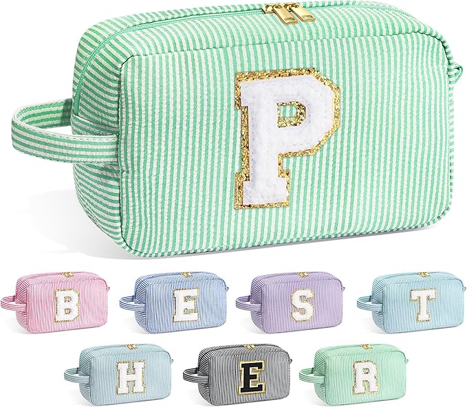 YOOLIFE Initial Cosmetic Bag for Women - Monogram Cute Makeup Bag Cosmetic Case Toiletry Pouch for Women Her Best Friend Sister Teacher, Personalized Birthday Gifts for Women, Light Green P