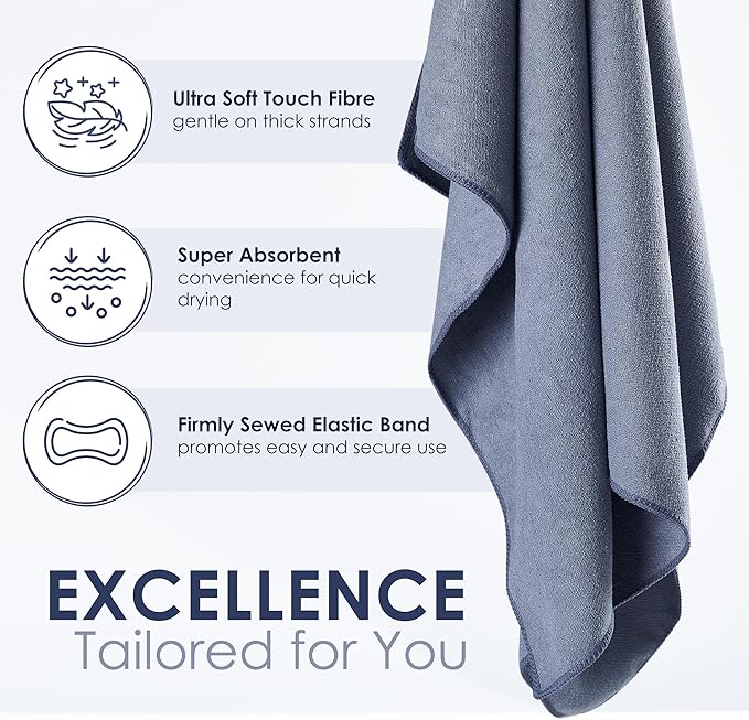 Large Microfiber Hair Towel Wrap for Women (27x40 Inches). Anti Frizz Rectangle Fast Drying Towel with Elastic Band for Long, Curly, and Thick Hair. Includes Reusable Carry Bag (Grey)