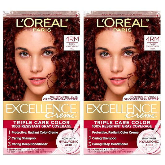 L'Oreal Paris Excellence Crème Permanent Hair Dye, Triple Care Hair Color with Hyaluronic Acid for 100% Gray Coverage, 4RM Dark Mahogany Red, 1 Kit (Pack of 2) (Packaging May Vary)