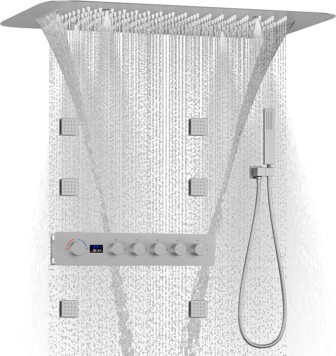 KATAIS Brushed Nickel 16X24 inch Ceiling Mounted Shower Head Set(Rain&Waterfall&Mist 3 Modes), Digital Display Shower System with 6 PCS Body Jet and Handheld Spray