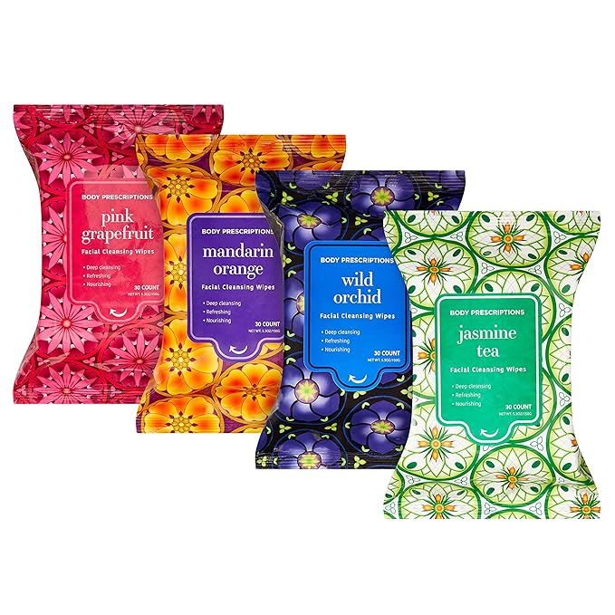 Body Prescriptions Makeup Remover Wipes - Bulk Pack, Gentle Cleansing Wipes for Easy Makeup Removal, Mandarin, Orchid, Grapefruit, & Jasmine Tea