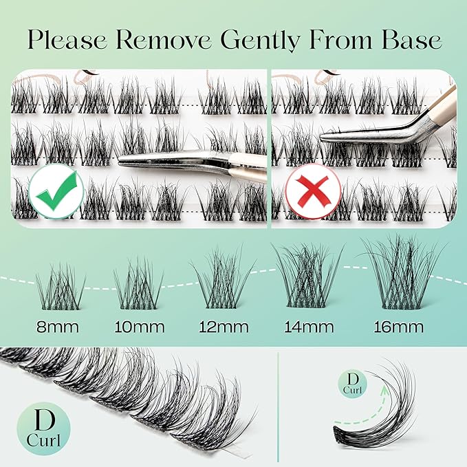 Lash Clusters 0.05mm Individual Lashes, 3D Wispy Lashes Clusters, 0.1mm Super Thin Band Resuable Natural Lashes,D Curl Faux Mink Lashes,144pcs Lash Extension (Green Vivid-D-0.05-8-16mix)