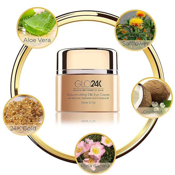 GLO24K Eye Care Set - Instant Facelift and Eye Cream with 24k Gold, Hyaluronic Acid, Vitamins A,C,E - Reduce Fine Lines, Puffiness, Dark Circles - For All Skin Types.