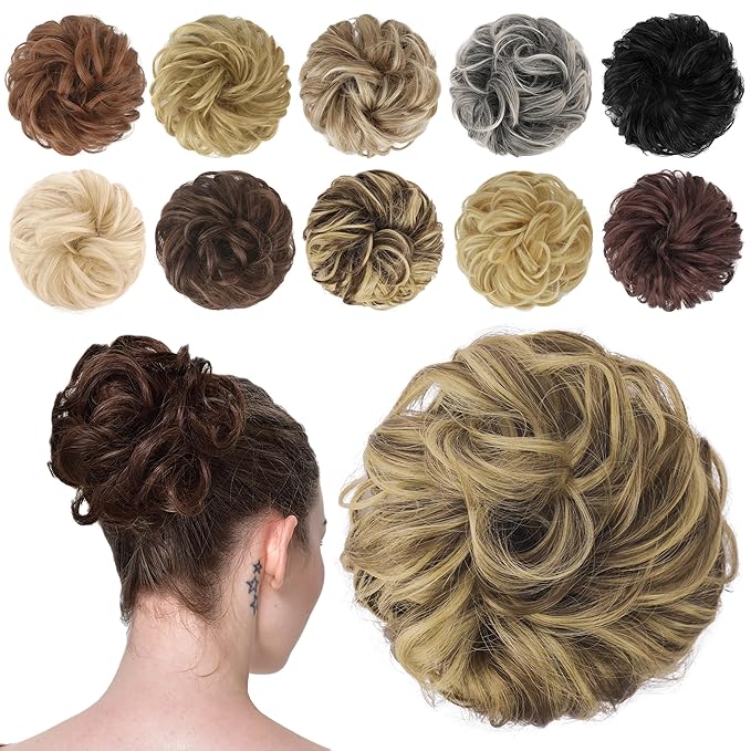 FESHFEN Messy Bun Hair Piece - Wavy Synthetic Chignon Scrunchies for Instant Volume, Elastic Bun Ponytail Hair Extensions Thick Hairpieces for Women, Ash Brown & Blonde 1.50 oz