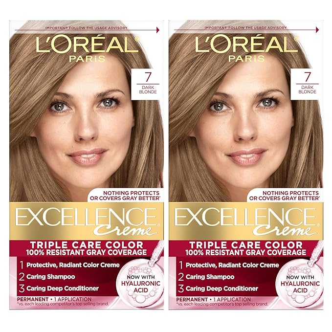 L'Oreal Paris Excellence Crème Permanent Hair Dye, Triple Care Hair Color with Hyaluronic Acid for 100% Gray Coverage, 7 Dark Blonde, 1 Kit (Pack of 2) (Packaging May Vary)