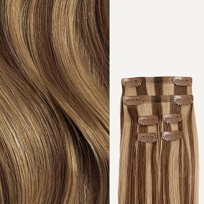 Luxy 100% Remy Human Hair Extensions for Thin Hair Thinning Hair Fill-Ins – 6 Seamless Wefts Multi-Dimensional Color Blend - Natural-Looking Volume & Coverage 80 grams 16" Chestnut Brown Highlights