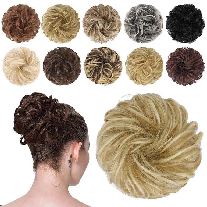 FESHFEN Messy Bun Hair Piece - Wavy Synthetic Chignon Scrunchies for Instant Volume, Elastic Bun Ponytail Hair Extensions Thick Hairpieces for Women, Lightest Ash Brown & Bleach Blonde 1.50 oz