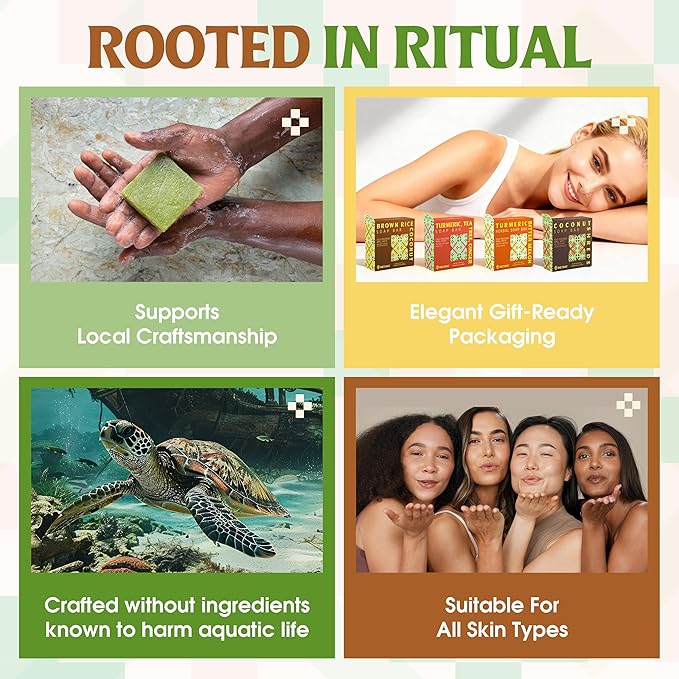 VIETNAT Brown Rice & Coconut Milk Soap Bar (Pack of 5) – 2-in-1 Exfoliating & Moisturizing Handmade Soap, Cold Process Bar with Brown Rice & Coconut Oil, Made in Vietnam