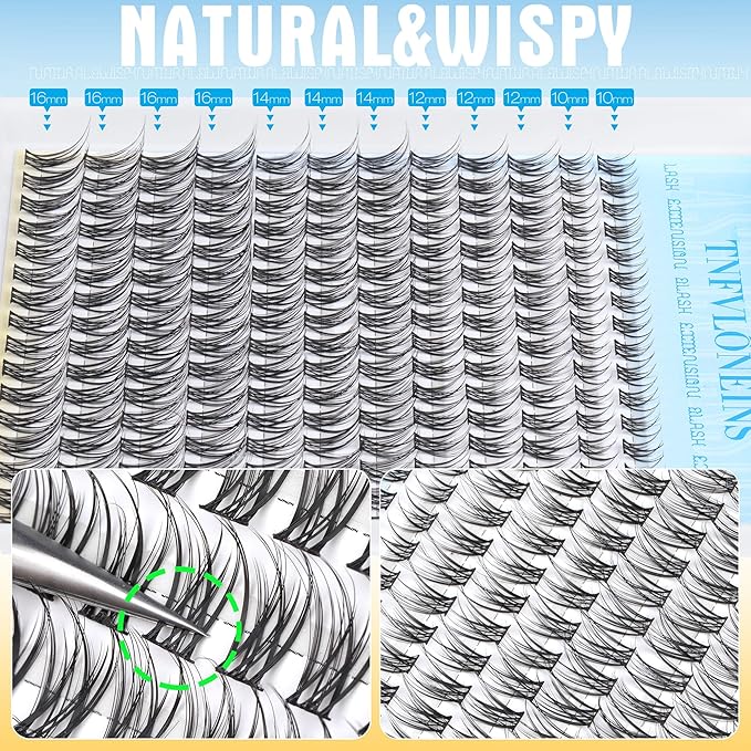 TNFVLONEINS Wispy Lash Clusters Kit Natural Lash Extension Kit C curl Eyelash Extension Kit Short Cluster Eyelash Extensions Soft Individual Lashes Kit Eyelash Clusters with Bond and Seal and Tweezers