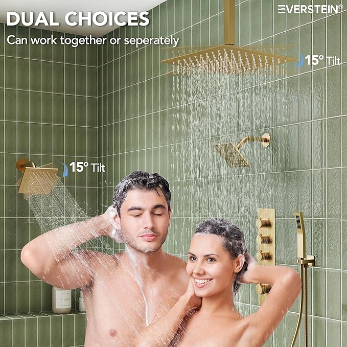 EVERSTEIN Thermostatic Shower system, 16, 6 in. Bathroom Shower Set Wall Mount Dual Shower Head Faucet in Brushed Gold