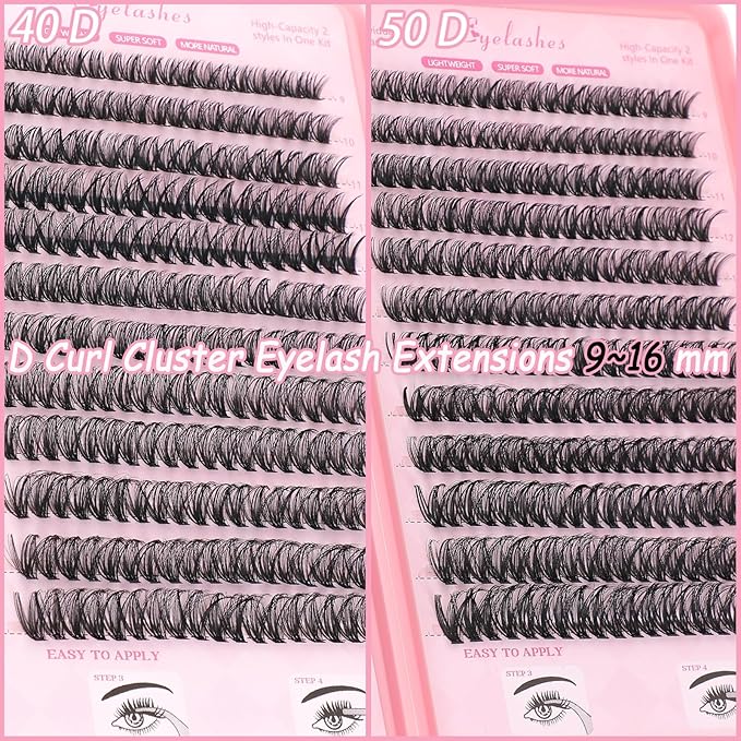 Lash Clusters Kit, Eyelash Clusters Individual Lash Extension Kit 480 Pcs D Curl Fluffy Wispy False Eyelashes Extensions Thin Band with Bond Seal Tweezers Brush Removers (40D+50D KIT)