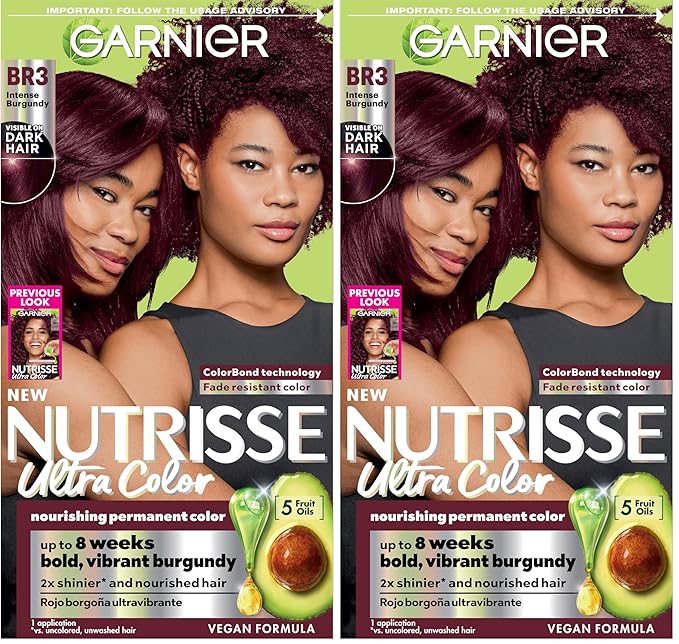 Garnier Hair Color Nutrisse Ultra Color Nourishing Creme, BR3 Intense Burgundy (Lotus Berry) Red Permanent Hair Dye, 1 Count (Packaging May Vary) (Pack of 2)