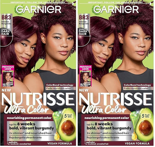 Garnier Hair Color Nutrisse Ultra Color Nourishing Creme, BR3 Intense Burgundy (Lotus Berry) Red Permanent Hair Dye, 1 Count (Packaging May Vary) (Pack of 2)