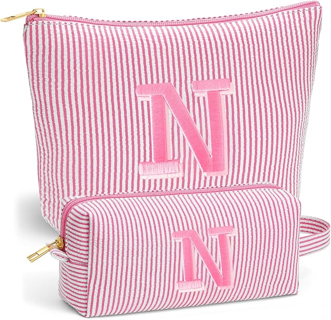 Fohufo Initial Travel Toiletry Bag for Women - Travel Essentials, Personalized Travel Makeup Bag Small Cosmetic Make up Bag Cute Stuff Birthday Gifts for Women Mom Girlfriend Teacher, Pink Letter N