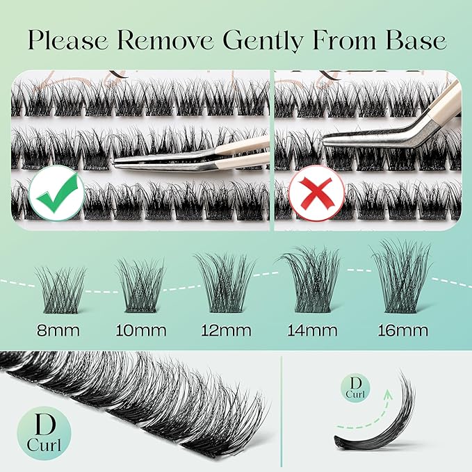 Lash Clusters 0.05mm Individual Lashes, 3D Wispy Lashes Clusters, 0.1mm Super Thin Band Resuable Natural Lashes,D Curl Faux Mink Lashes,180pcs Lash Extension (Green Lushy-C-0.05-8-16mix)
