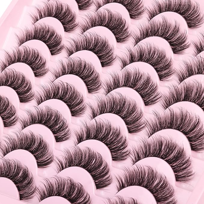 Natural Lashes Wispy Eyelashes Fuzzy Strip Eye Lashes Mink False Eyelashes Volume Fake Eyelashes 16 Pairs Eye Lashes Pack with Clear Lash Band