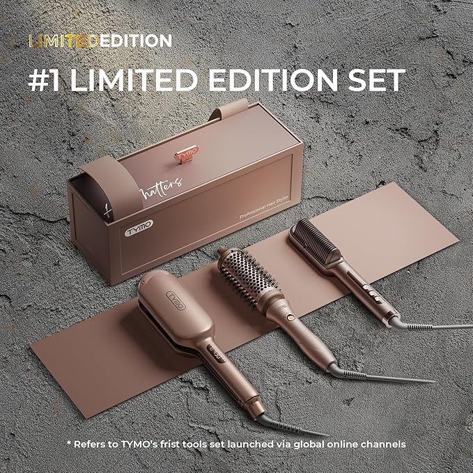TYMO Limited Edition Styling Set - Include TYMO ROVY Hair Crimper Wave Curling Iron & Ring Plus Straightener Brush & STYLUX Thermal Brush, 3 in 1 Ionic Hair Curler Tool Set for Women