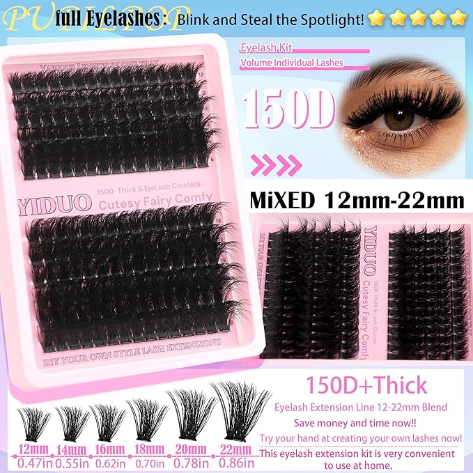 575Pcs Lashes Clusters Kit with Glue and Removers, D Curl Volume 150D+200D Thick+Spiky Lashes Extension, 12-21mm Thick Extension Eyelashes DIY Individual False Eyelash Kit DIY at Home Easily
