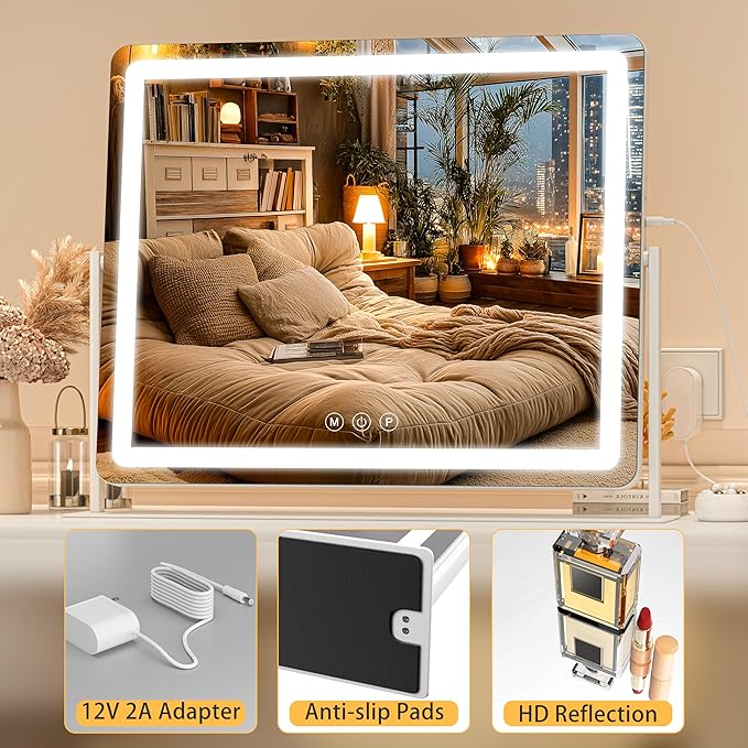 Large Vanity Mirror with Lights 34'' x 25.6'' - Touch Screen Hollywood Makeup Mirror, 3 Color Modes + Dimmable LED Lighting, Premium Aluminum Frame for Dressing Table
