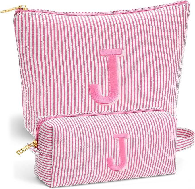 Fohufo Travel Makeup Bag for Girls - Personalized Initial Pink Makeup Bag, Teen Girl Gifts Trendy Stuff, 6 7 8 9 10 11 12 Year Girl Birthday Gift, Christmas Gift for Girls Travel Essentials, Letter J