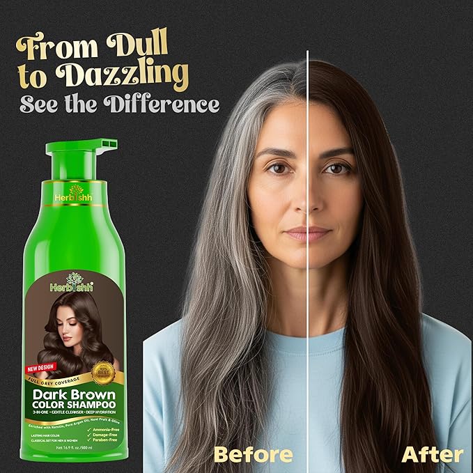 Herbishh Hair Color Shampoo for Gray Hair – Magic Hair Dye Shampoo – Colors Hair in Minutes–Long Lasting–500 Ml–3-In-1 Hair Color for Women & Men –Ammonia-Free (Dark Brown)