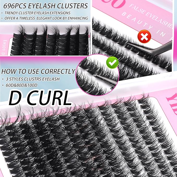Volume Lashes Cluster Kit 60D+80D+100D Clusters Lash Eyelashes Kit 696Pcs Bulk Packs, D Curl Wispy 10-18mm DIY Individual Eyelash Extensions Wholesale Combo Pack with Glue|Tweezers|Removers