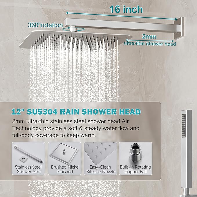 HoliSpa Shower System, Brushed Nickel Shower Faucet Set with 12-Inch Rain Showerhead and Handheld Spray, Wall Mounted High-Pressure Showerhead Combo Set Included Valve and Trim, Brushed Nickel