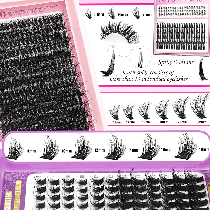 Lash Clusters Kit 6 Styles Bulk Packs Eyelash Extensions Volume/Manga/ultra/Dramatic with pikes Bottom Lashes Clusters Kit 5-20mm Wispy D Curl Individual Fake Eyelashes Kit DIY at Home Easily