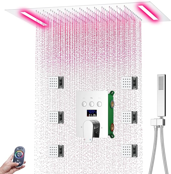 WHSHOWER Digital Display Shower Faucet Set With 14x20 Inch LED Rainfall Shower Head,Brass Handheld Sprayer And 6pcs Body Jets,Full Body Shower System (Chrome)
