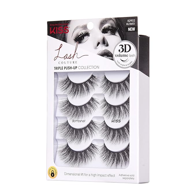 KISS Lash Couture Triple Push-Up False Eyelashes, Bombshell', 14 mm, Includes 4 Pairs Of Lashes, Contact Lens Friendly, Easy to Apply, Reusable Strip Lashes (Pack of 2)