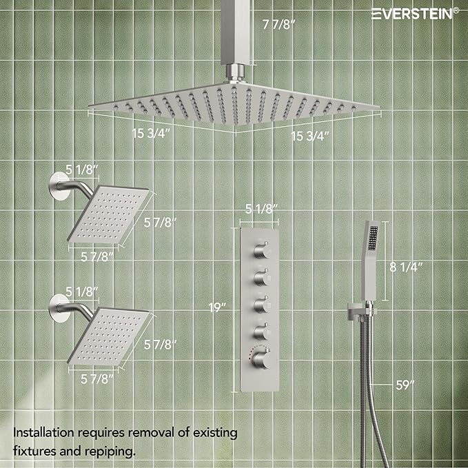 EVERSTEIN Thermostatic Shower system, 16, 6 in. Bathroom Shower Set Wall Mount Dual Shower Head Faucet in Brushed Nickel