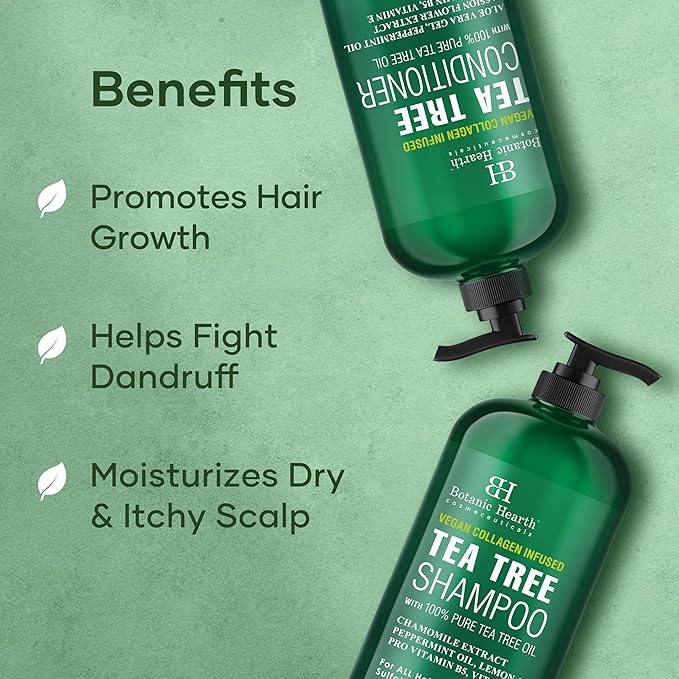 Botanic Hearth Vegan Collagen Infused Tea Tree Shampoo and Conditioner Set, 16 fl oz each - Sulfate Free, Paraben Free - For Itchy and Dry Scalp - Men and Women