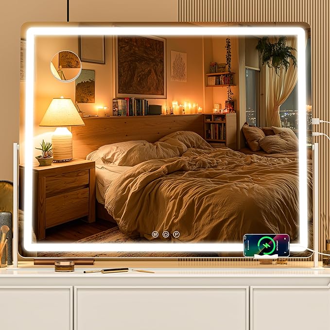 Large Vanity Mirror with Lights 29.5'' x 22'' - Touch Screen Hollywood Makeup Mirror, 3 Color Modes + Dimmable LED Lighting, Premium Aluminum Frame for Dressing Table & Bathroom