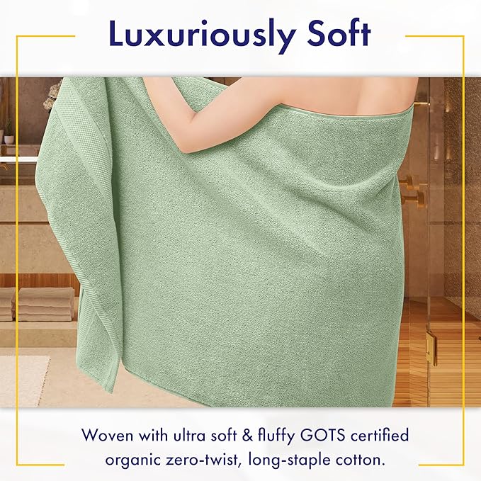 Alusa Home 100% Organic Luxury Bath Sheets - GOTS Certified - Extra Large 35x70 Inches (Pack of 2) Zero-Twist, Long-Staple Cotton Bath Sheet Set (Eucalyptus Green)