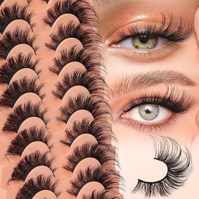 Veleasha Cat Eye Lashes Fluffy Crisscross Doll Eyelashes Wispy False Eyelashes Black Cotton Band 3D Effect Lashes 8-21MM 10 Pairs Pack (6D32)