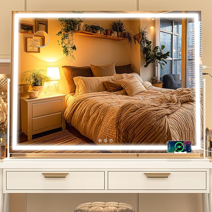 Vanity Mirror with Lights, 34'' x 26'' Lighted Makeup Mirror, Touch Screen with 3-Color Lighting, Dimmable for Vanity Desk Tabletop Square White