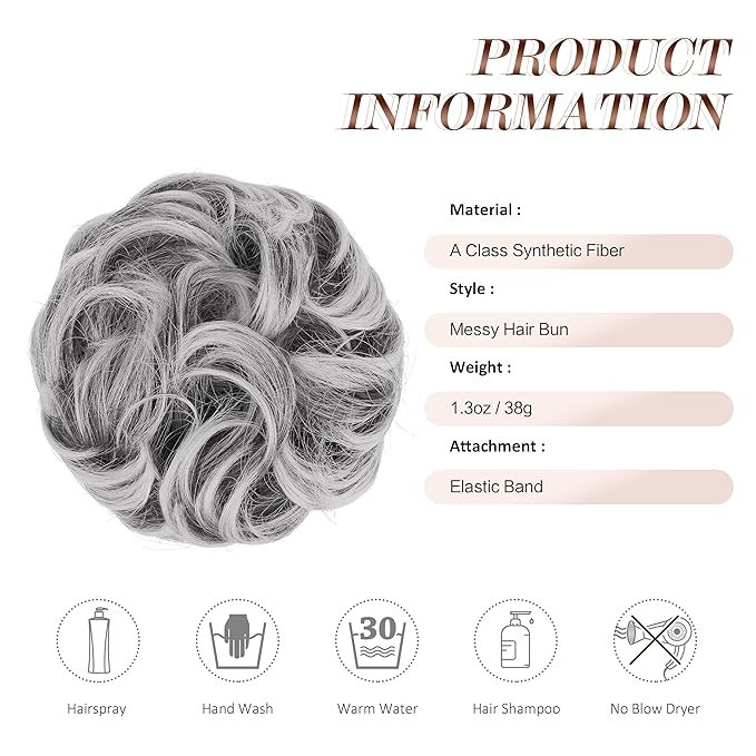 FESHFEN Messy Bun Hair Piece - Wavy Synthetic Chignon Scrunchies for Instant Volume, Elastic Bun Ponytail Hair Extensions Thick Hairpieces for Women, Black with White Tips 1.50 oz